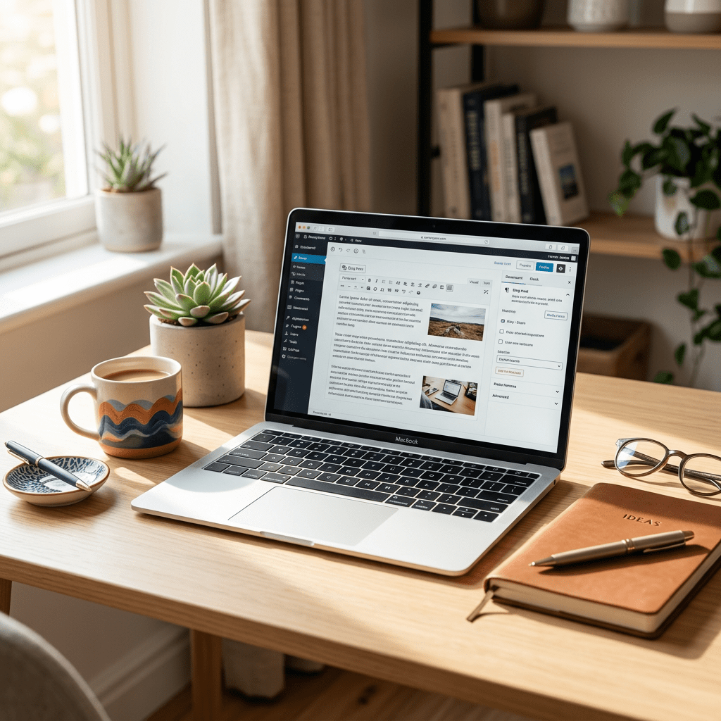 Home workspace with open laptop showing text editor, coffee mug, notebook, pen, and potted plants