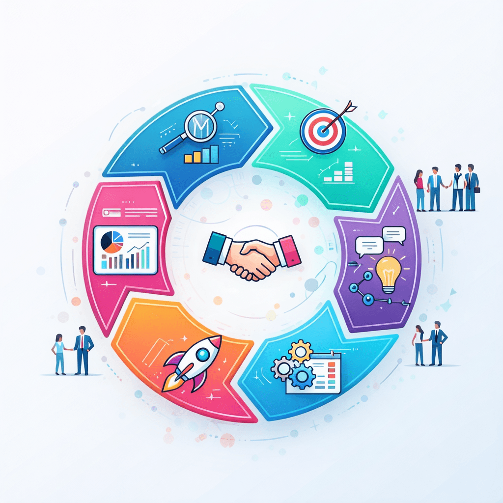 Six-step commercial strategic plan cycle with icons and descriptions in French