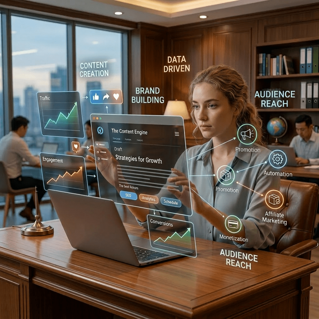Woman interacting with virtual digital marketing strategy dashboard showing content creation, engagement, conversions, and audience reach