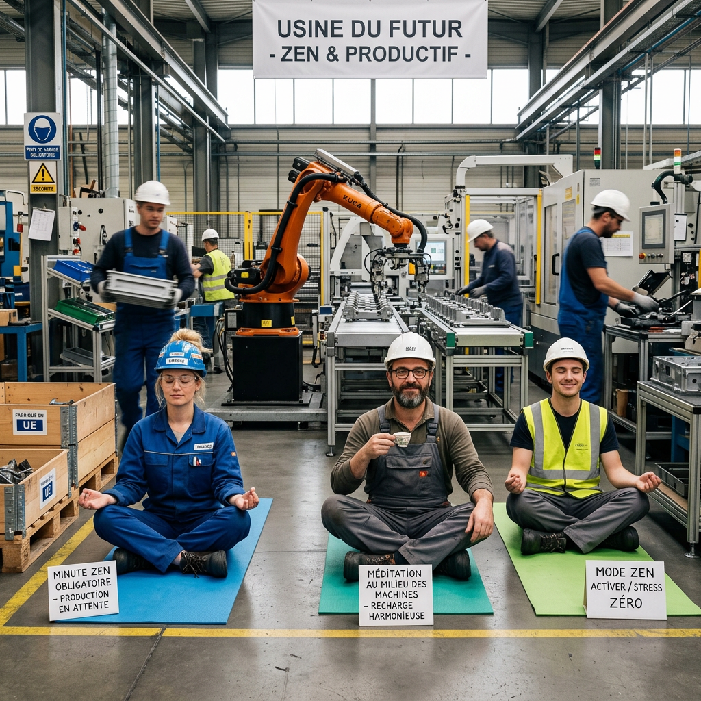 Employés zen en usine européenne, touche humour